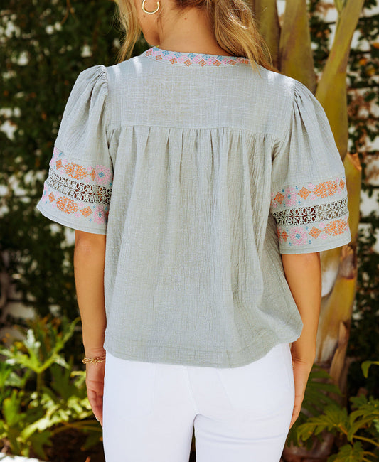 Tassel Drawstring Embroidered Half Sleeve V Neck Top