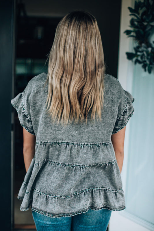 Gray Flutter Sleeves Tiered Denim Top