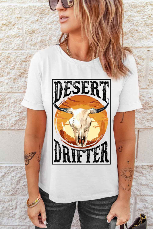 White DESERT DRIFTER Steer Skull Print Graphic T Shirt