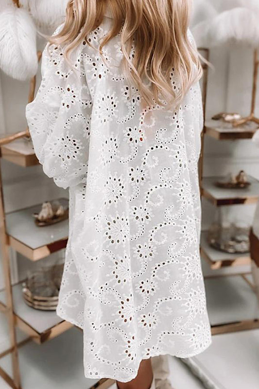 Eyelet Floral Pattern Shirt Babydoll Dress