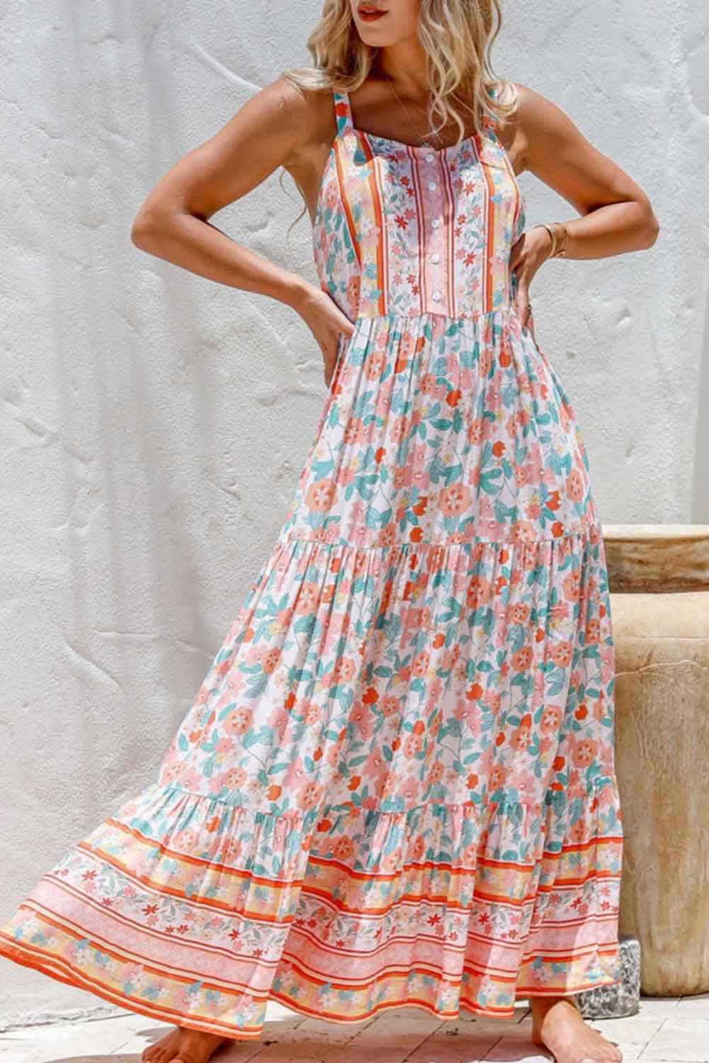 Boho Floral Print Sleeveless Tiered Maxi Dress