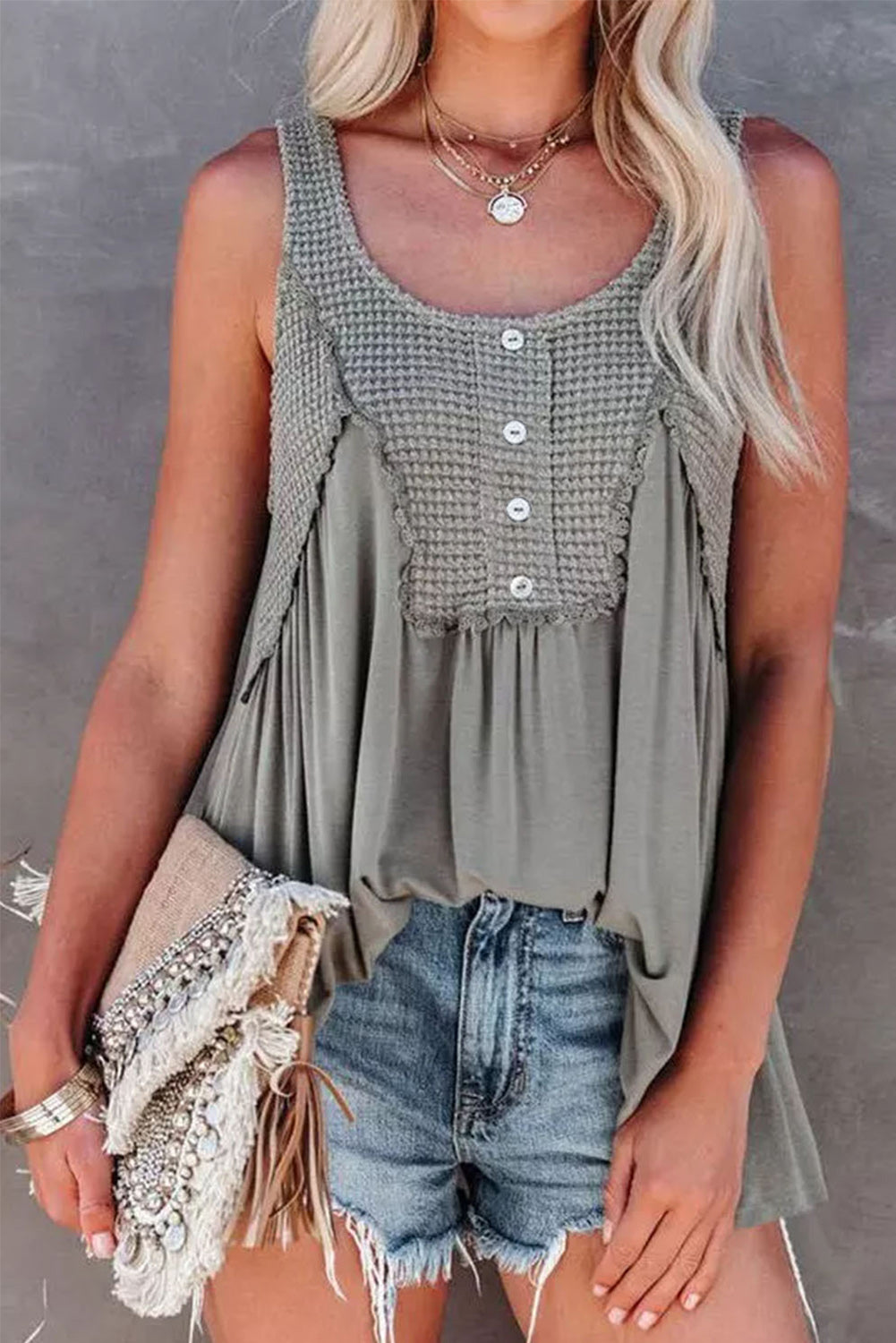 Gray Thermal Knit Panel Babydoll Tank Top