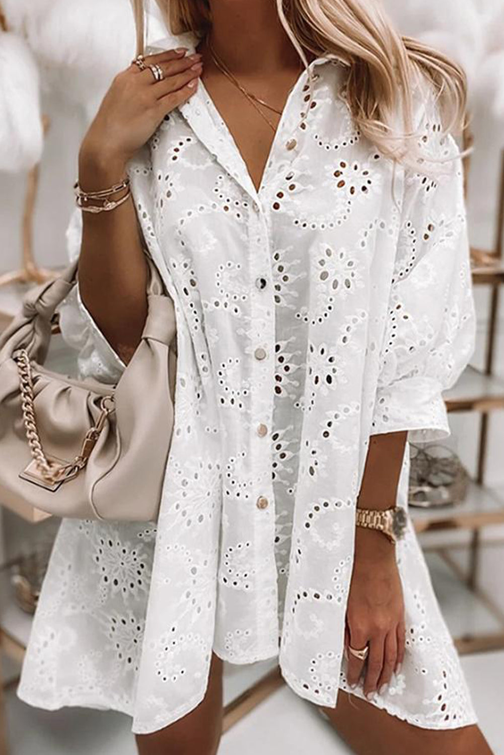 Eyelet Floral Pattern Shirt Babydoll Dress