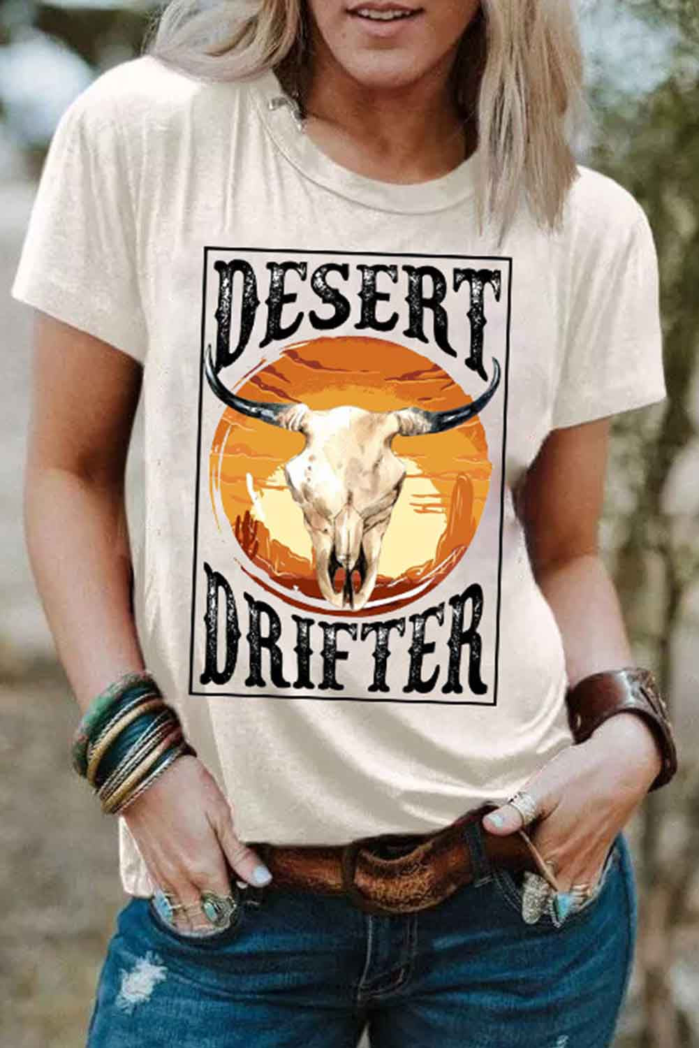 White DESERT DRIFTER Steer Skull Print Graphic T Shirt