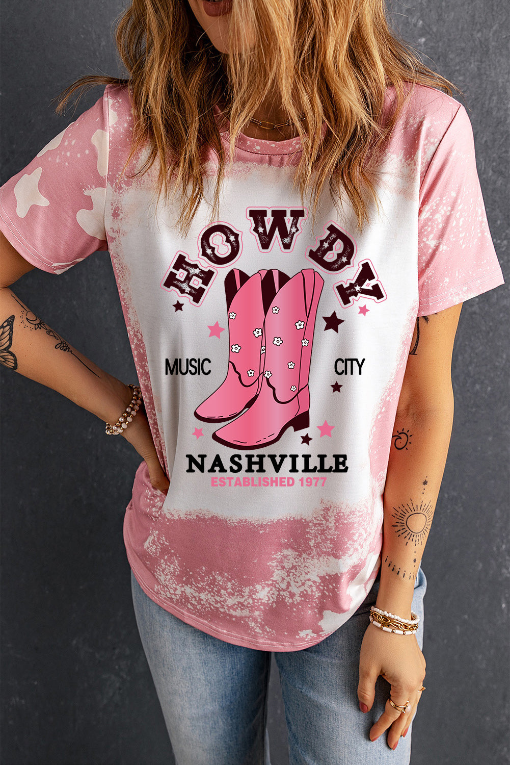 Tie-Dye Bleach Howdy NASHVILLE MUSIC CITY Graphic Tee