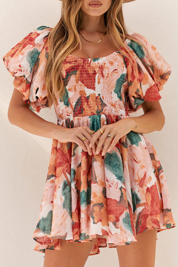 Multicolor Oil Painting Floral Print Smocked Ruffle Dress