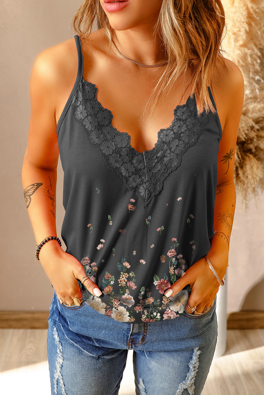 Floral Print Lace Crochet Splicing V Neck Cami Top