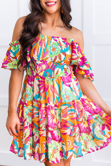 Boho Off-shoulder Smocked Tiered Floral Dress