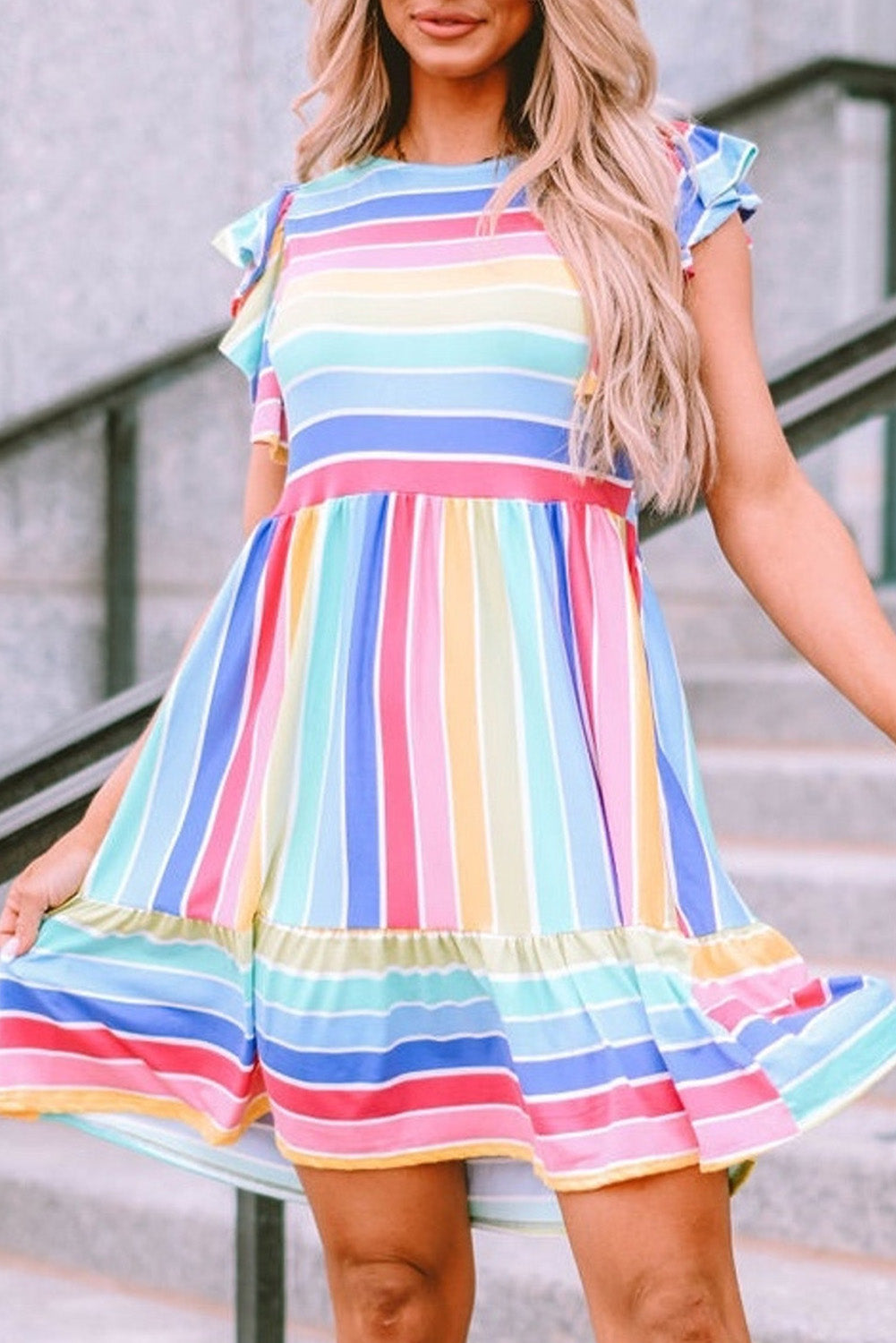 Multicolor Striped Ruffle Flared Babydoll Dress