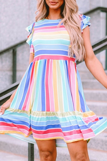 Multicolor Striped Ruffle Flared Babydoll Dress