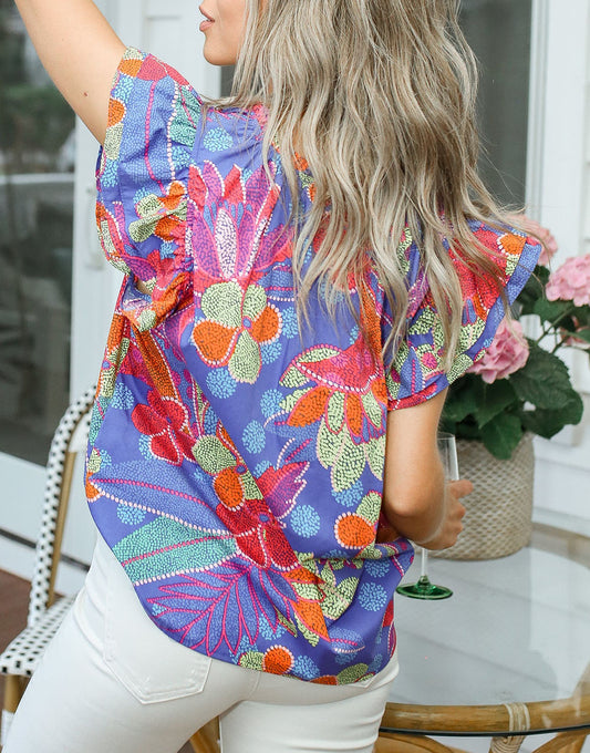 Split V Neck Flutter Floral Top