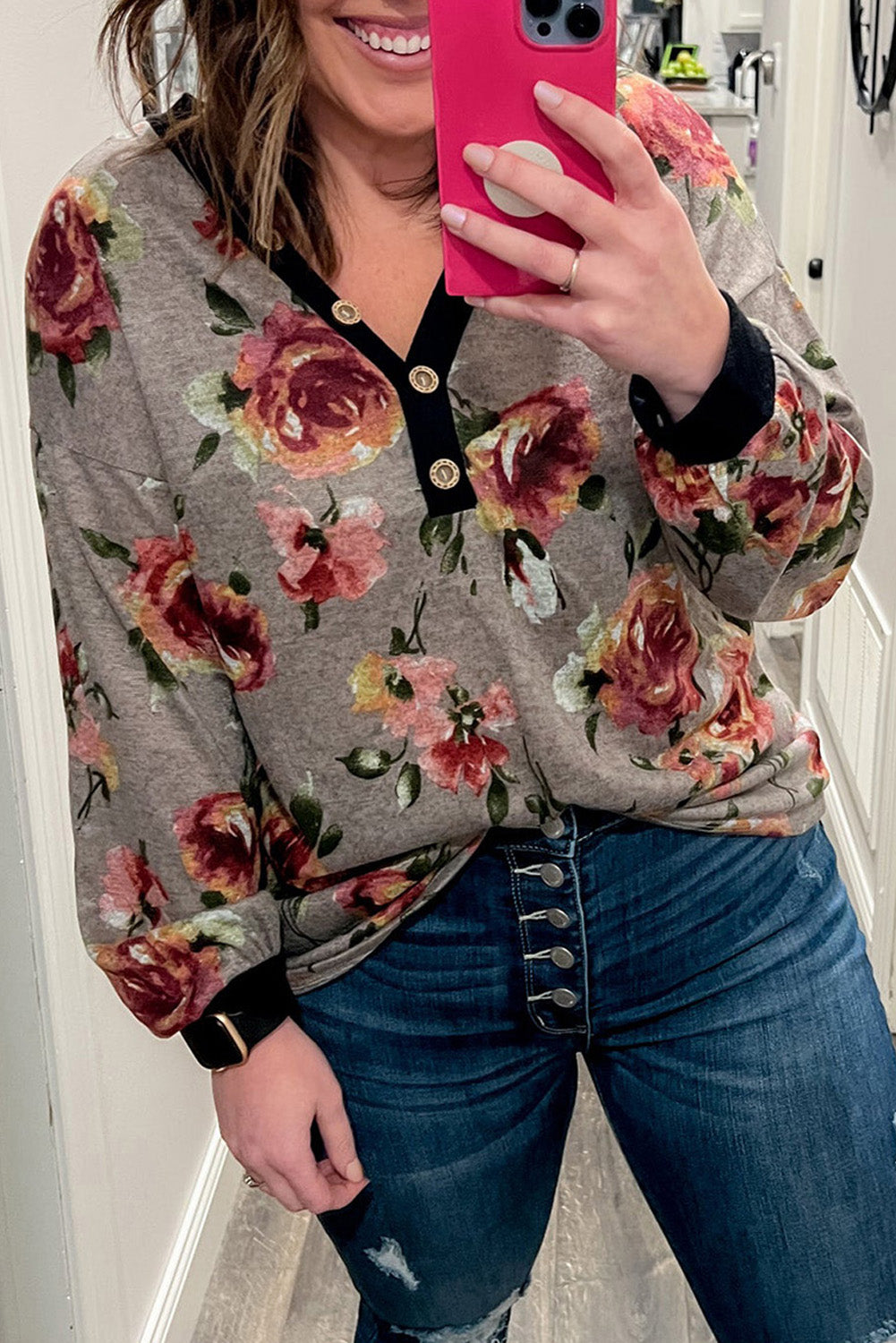 Floral Long Sleeve Plus Size Henley Top