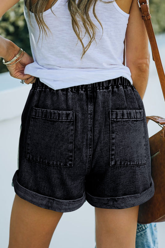 Pocketed Drawstring High Waist Denim Shorts