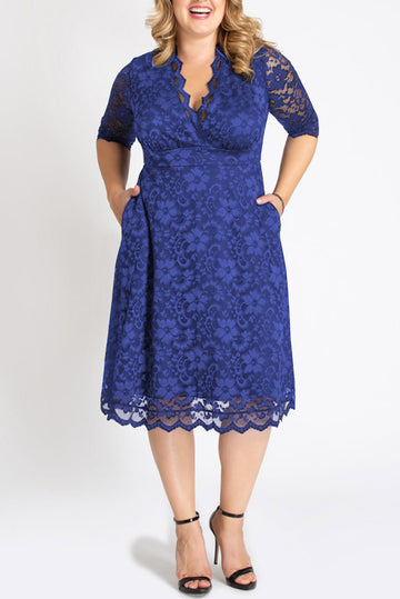 Blue Plus Size Half Sleeve Lined Lace Midi Dress