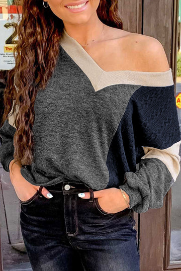 Brushed Contrast Knit V Neck Colorblock Long Sleeve Top