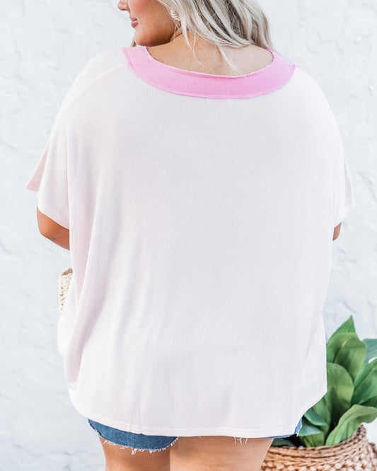 Color Block Ribbed Knit V Neck Plus Size T Shirt