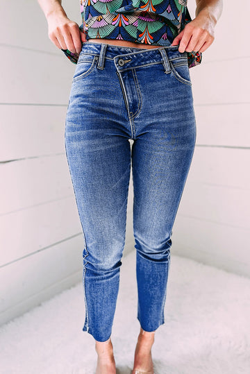 Asymmetrical Skew Button Zip Fly Skinny Jeans