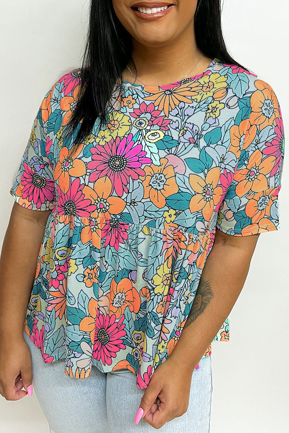 Plus Size Floral Print Short Sleeve Flowy Top