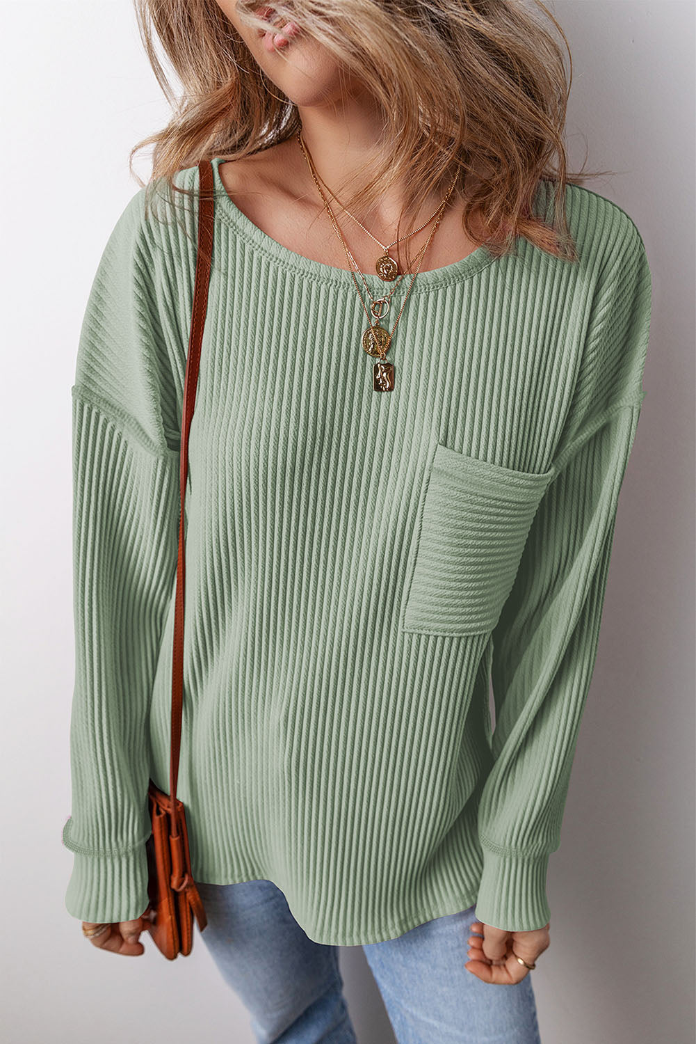 Solid Color Corded Drop Shoulder Long Sleeve Top