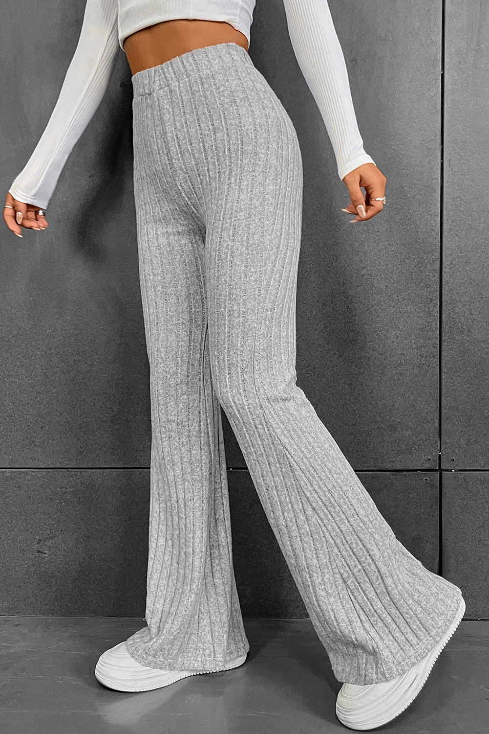 Solid Color High Waist Ribbed Flare Pants