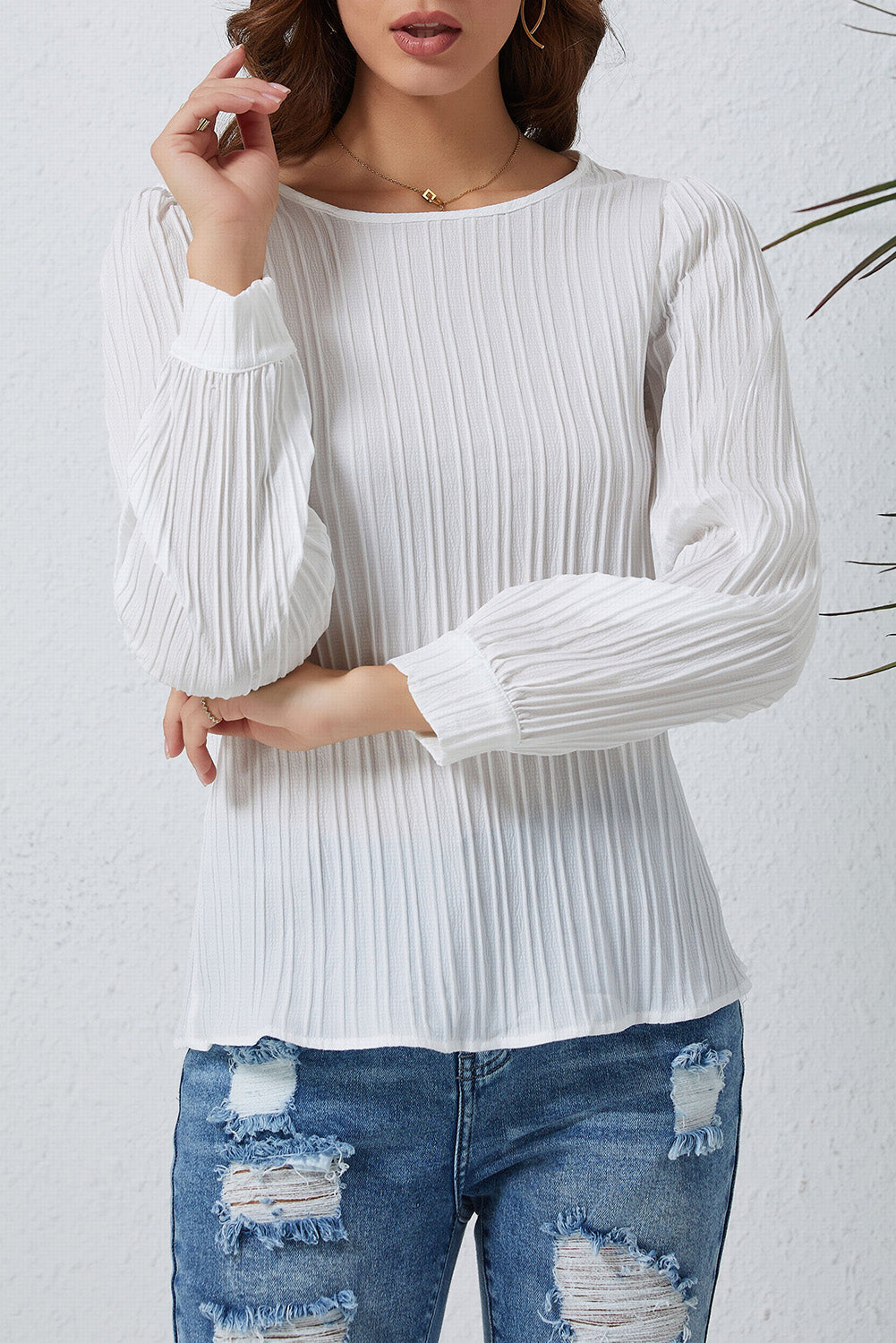 Ribbed Crewneck Puff Long Sleeve Top