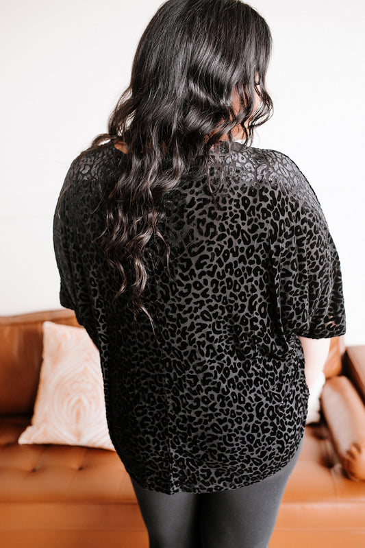 Black Plus Size Leopard Emboss V Neck Top