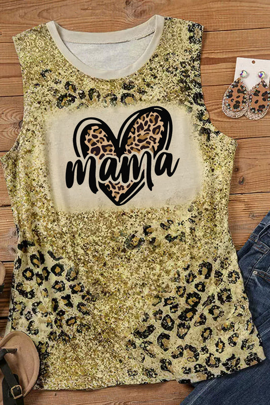 Leopard mama Heart Shaped Print Crew Neck Tank Top