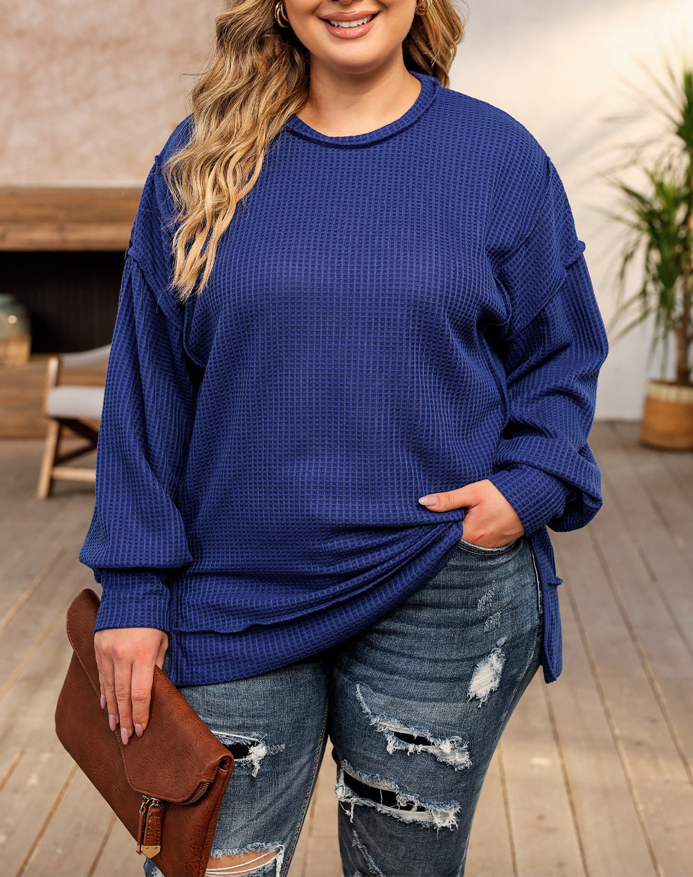 Plus Size Waffle Knit Oversized Exposed Seam Top