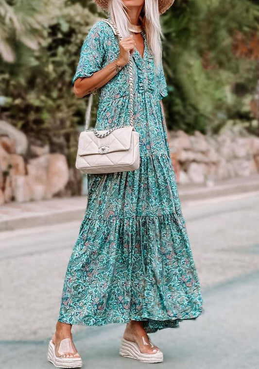 Paisley Print Boho Holiday Ruffle Tiered Maxi Dress