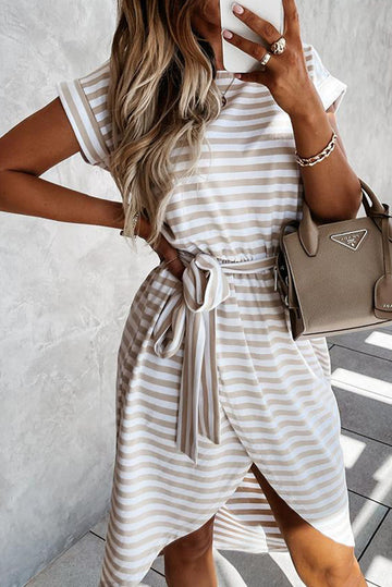 Stripe Short Sleeve Belted Wrapped Hemline Dress