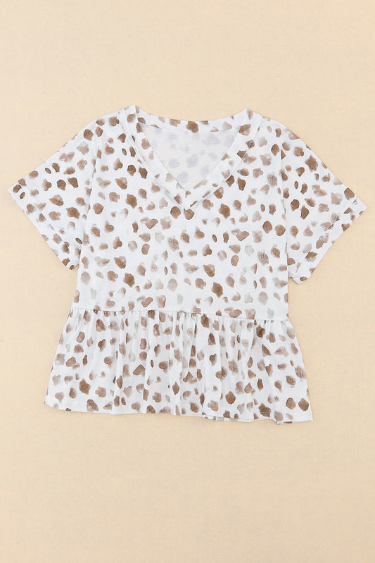 Leopard V Neck Short Sleeve Peplum Top