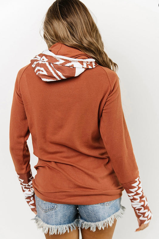 Aztec Print Patchwork Thumb Hole Hoodie