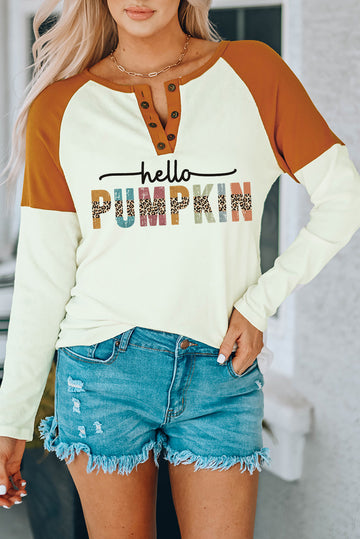 Hello Pumpkin Graphic Colorblock Henley Top