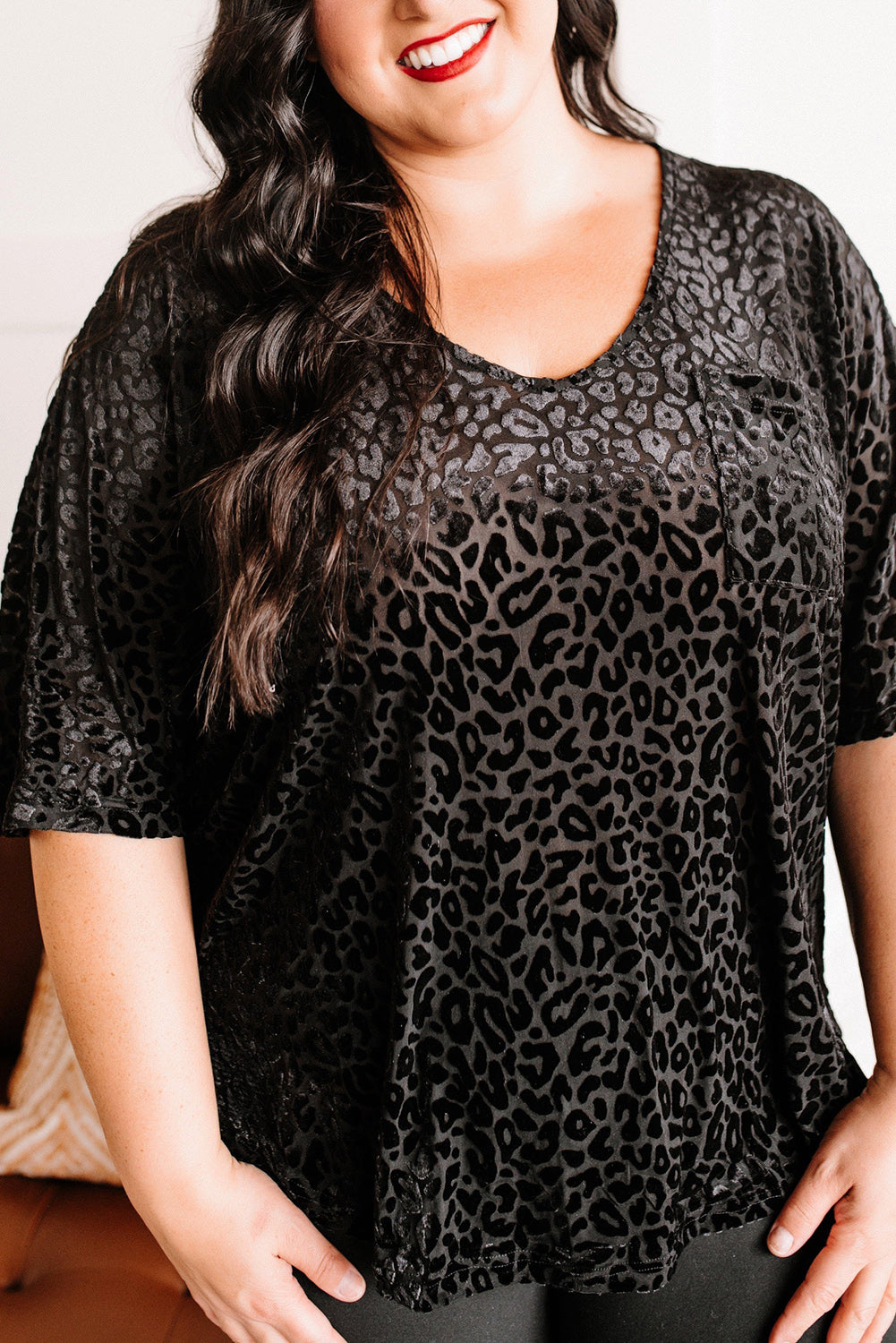 Black Plus Size Leopard Emboss V Neck Top