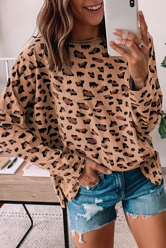 Animal Print Stitching Loose Long Sleeve Top