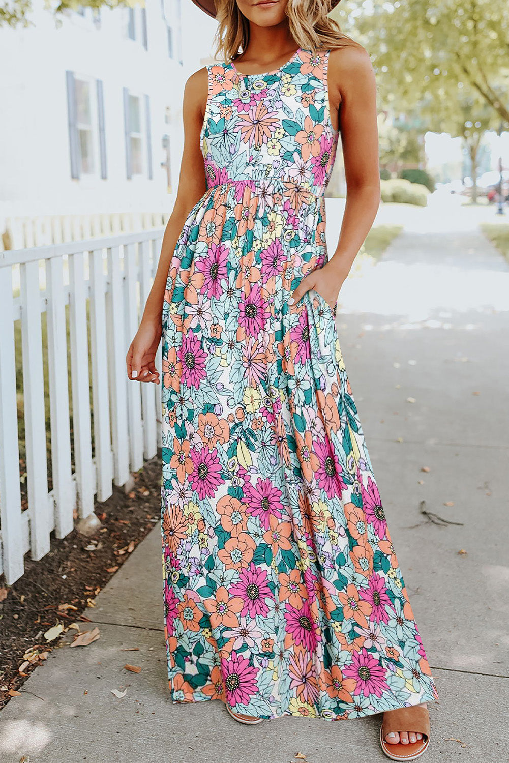 Floral Print High Waist Sleeveless Maxi Dress