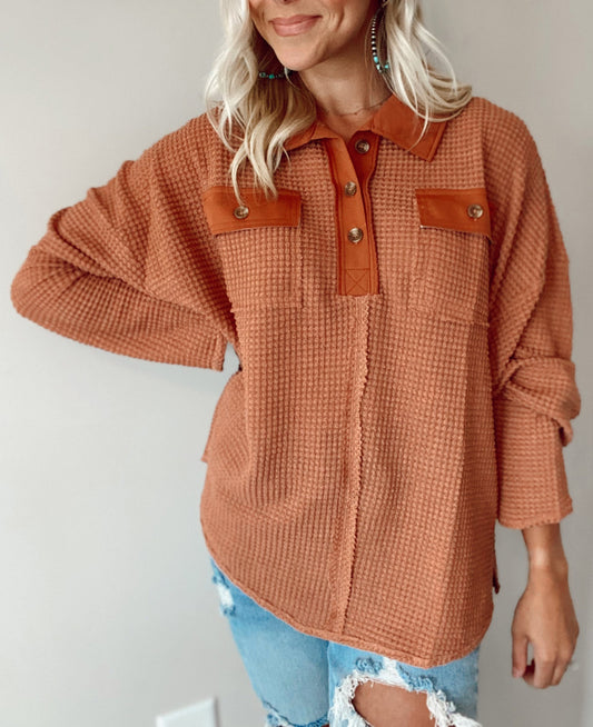 Waffle Knit Button Contrast Trim Long Sleeve Top