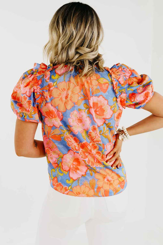 Floral Bubble Sleeve V-Neck Plus Size Blouse