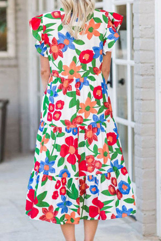 Flutter Sleeve V Neck High Waist Floral Midi Dress