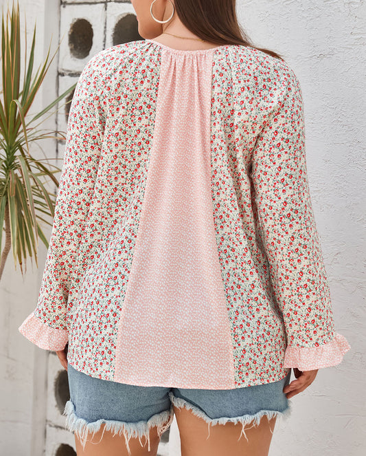 Dotty Floral Patchwork Plus Size Long Sleeve Blouse