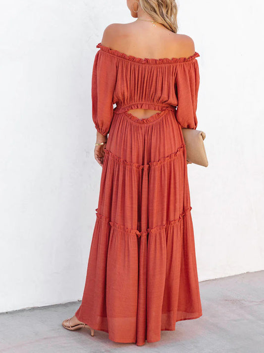 Off Shoulder Balloon Sleeve Cutout Ruffled Maxi Dress