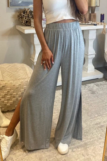 Gray Side Slits Wide Leg High Waist Pants