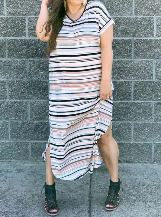 White Striped Print V Neck Side Split Plus Size Dress