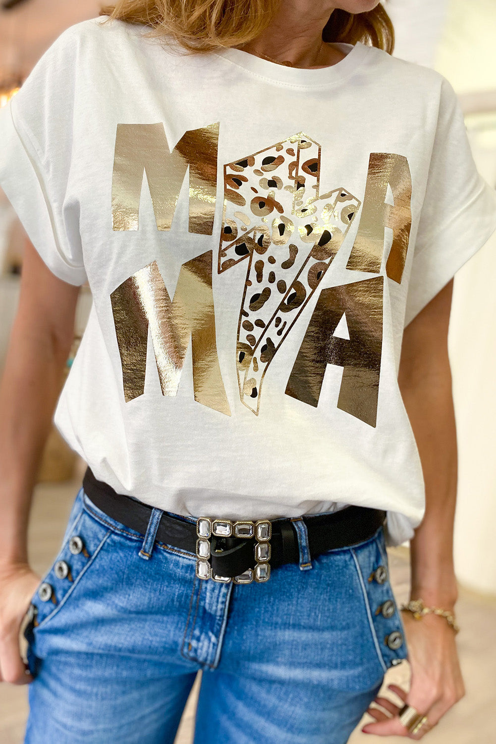 White Glitter MAMA Leopard Lightning Graphic Tee