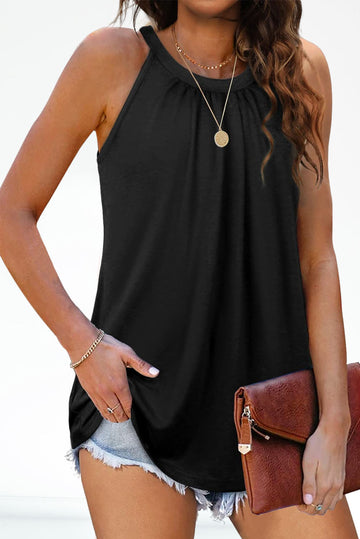 Pleated Round Neck Loose Sleeveless Top