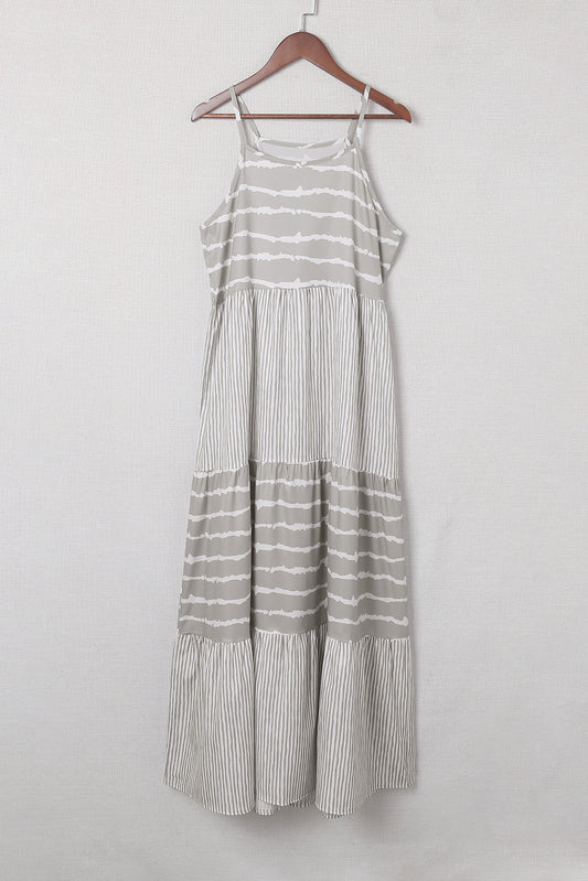 Gray Striped Spaghetti Strap Long Dress