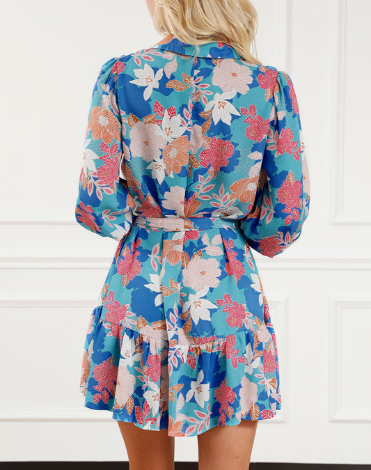 Floral Print Lantern Sleeve Belted Shirt Dress