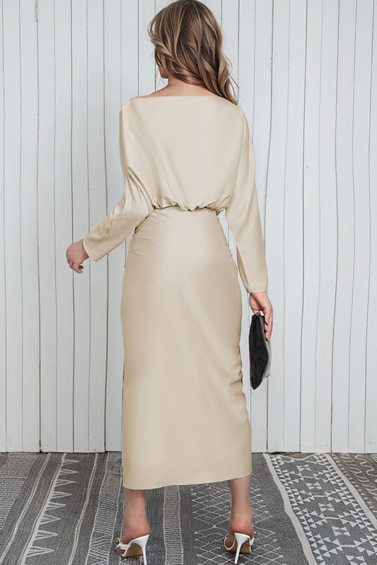 Satin Wrap Tie Side Boat Neck Long Sleeve Dress