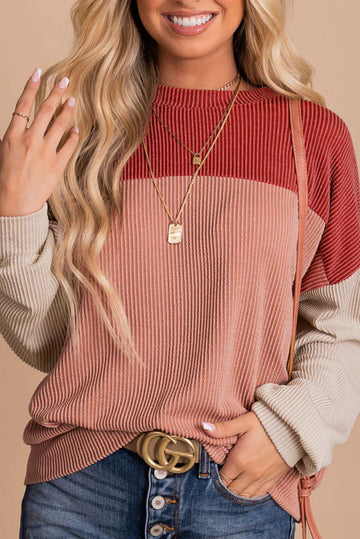 Color Block Long Sleeve Ribbed Loose Top