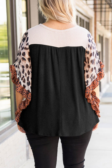 Black Waffle Knit Animal Print Ruffle Sleeves Plus Size Top